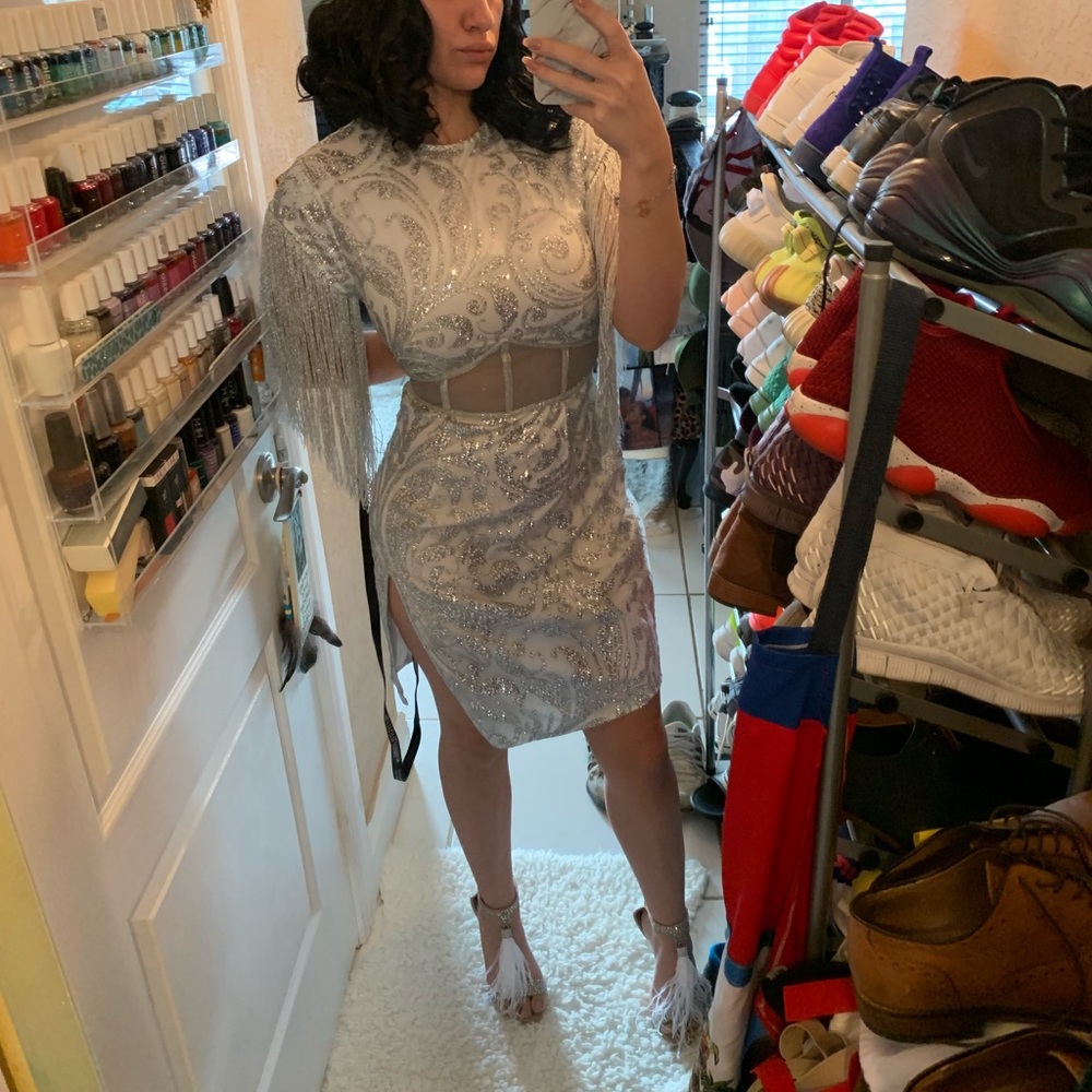 PrettyLittleThing Silver Fringe dress